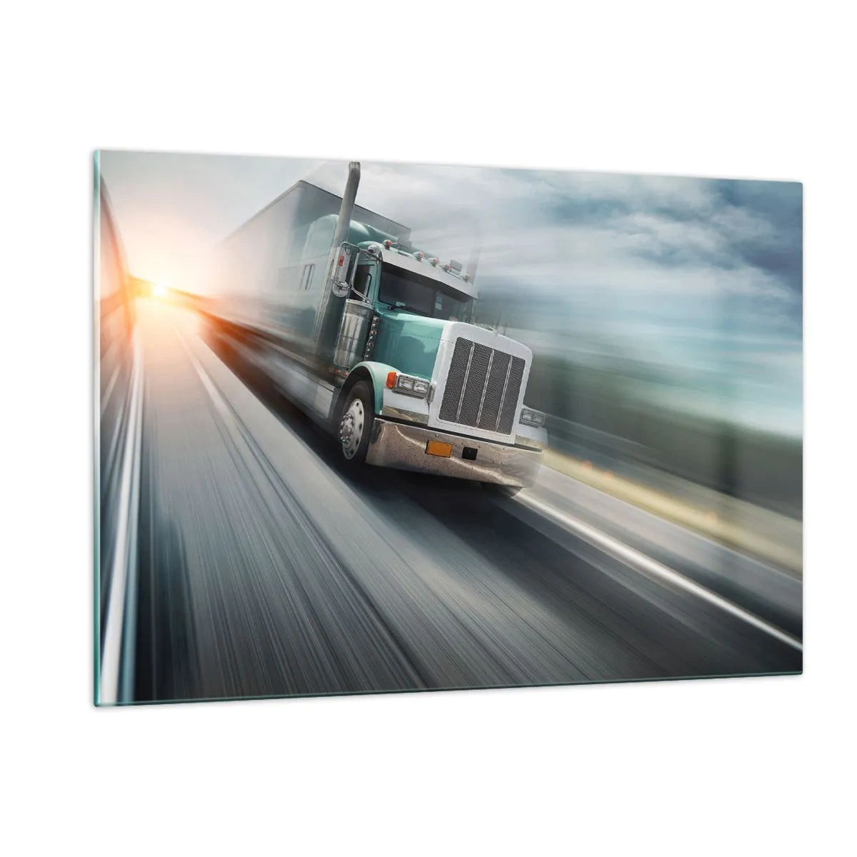 Impression sur verre - Image sur verre - Camion sur l'autoroute au coucher du soleil - 120x80cm - Le géant américain est en fuite - Décoration murale moderne pour le salon et la chambre ARTTOR