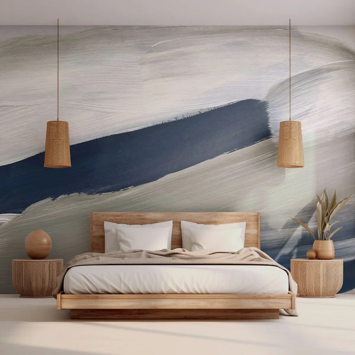 Papier Peint Photo Premium Sand - Coups de pinceau abstraits en blanc, gris et bleu marine - 100x70cm - Rencontre avec la blancheur - Décoration murale moderne pour le salon et la chambre ARTTOR