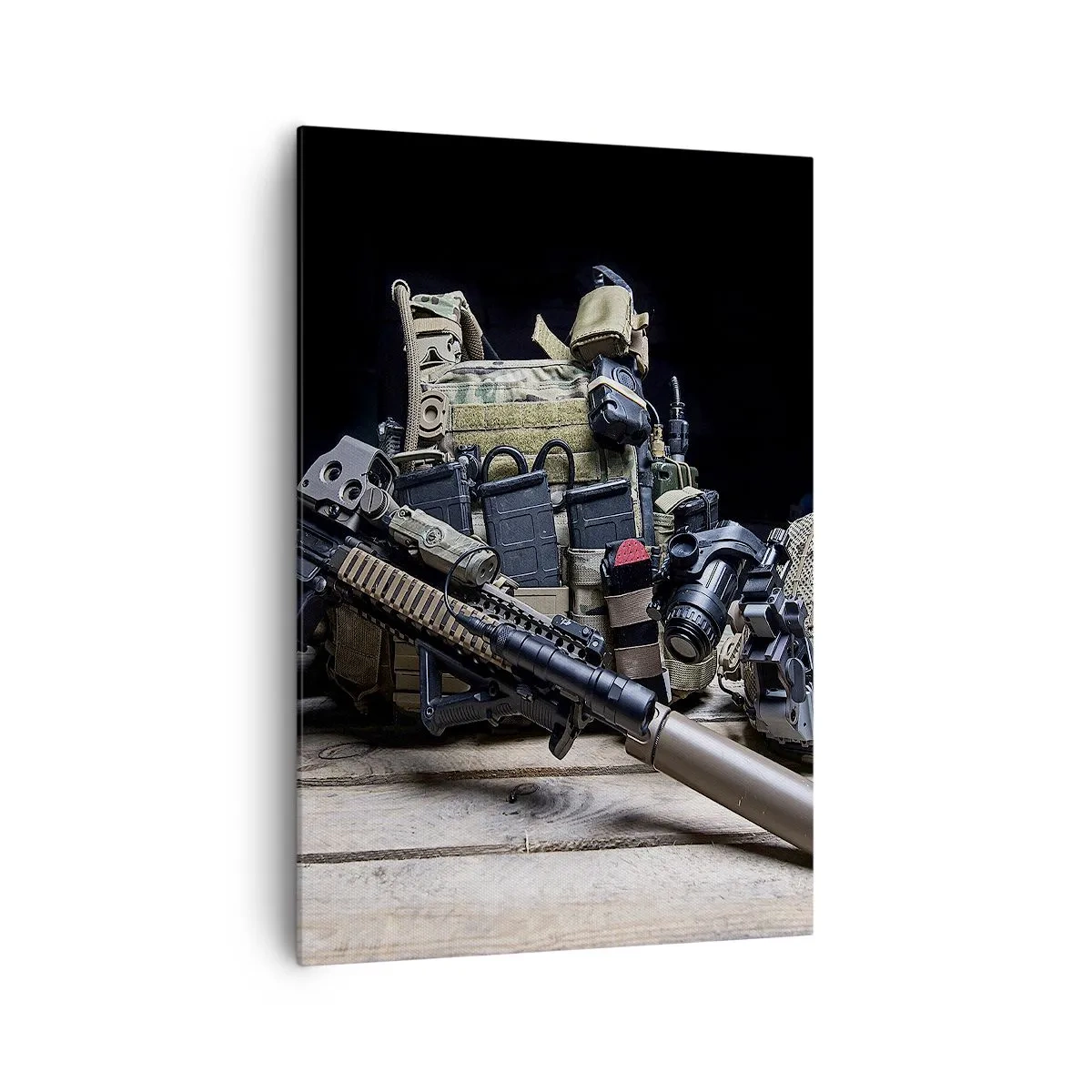 Impression sur toile - Image sur toile - Équipement tactique avec un fusil sur une table en bois - 70x100cm - Se reposer! - Décoration murale moderne pour le salon et la chambre ARTTOR