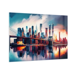 Impression sur verre - Image sur verre - Panorama de la ville avec un pont contre le ciel coloré et le reflet dans l'eau - 70x50cm - New York onirique - Décoration murale moderne pour le salon et la chambre ARTTOR