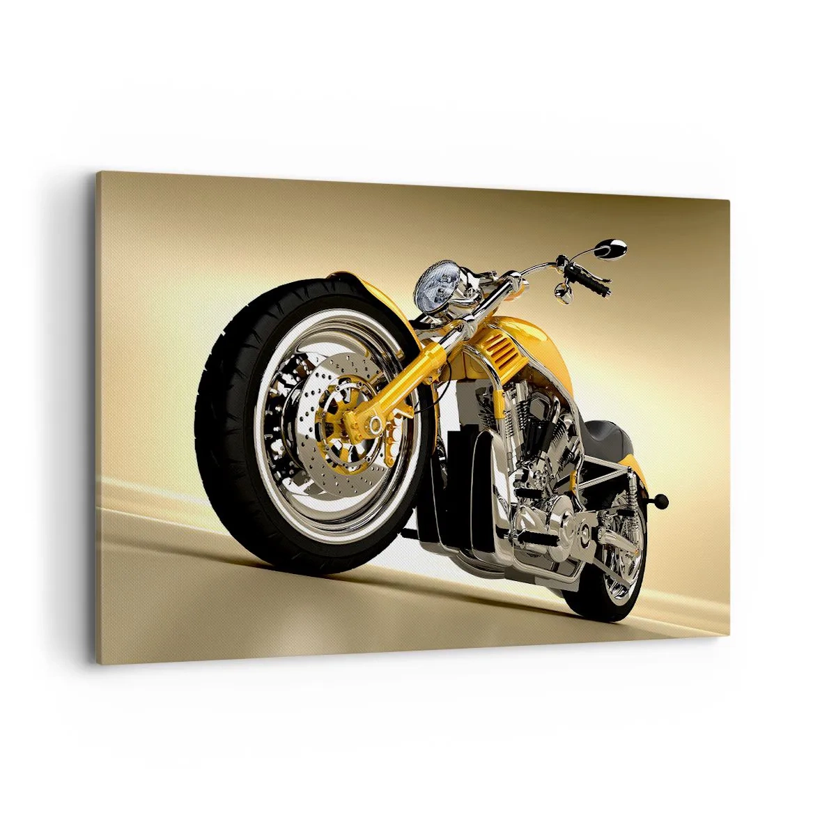 Impression sur toile - Image sur toile - Une moto jaune de style chopper contre un mur beige - 120x80cm - Un rêve de force et de vitesse - Décoration murale moderne pour le salon et la chambre ARTTOR