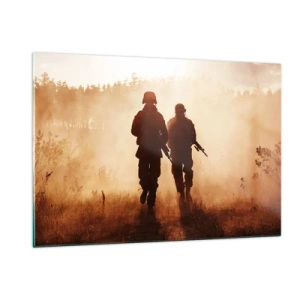 Impression sur verre - Image sur verre - Deux soldats en action sur fond de soleil couchant - 120x80cm - Call of Duty - Décoration murale moderne pour le salon et la chambre ARTTOR