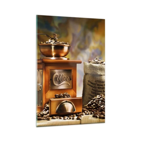 Impression sur verre - Image sur verre - Moulin à café avec des grains et une tasse en arrière-plan - 80x120cm - Le craquement des grains, le cliquetis d'un moulin - Décoration murale moderne pour le salon et la chambre ARTTOR