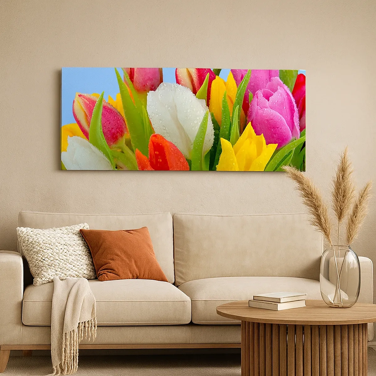 Impression sur toile - Image sur toile - Un arc-en-ciel fleuri en gouttes de rosée - 30x30 cm