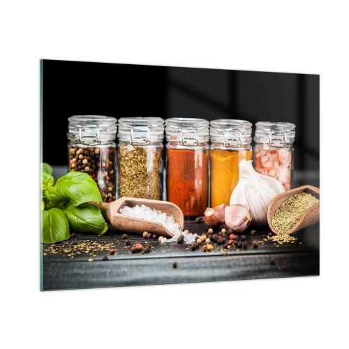 Impression sur verre - Image sur verre - Épices colorées dans des pots sur fond sombre - 100x70cm - Pour que la vie ait du goût - Décoration murale moderne pour le salon et la chambre ARTTOR