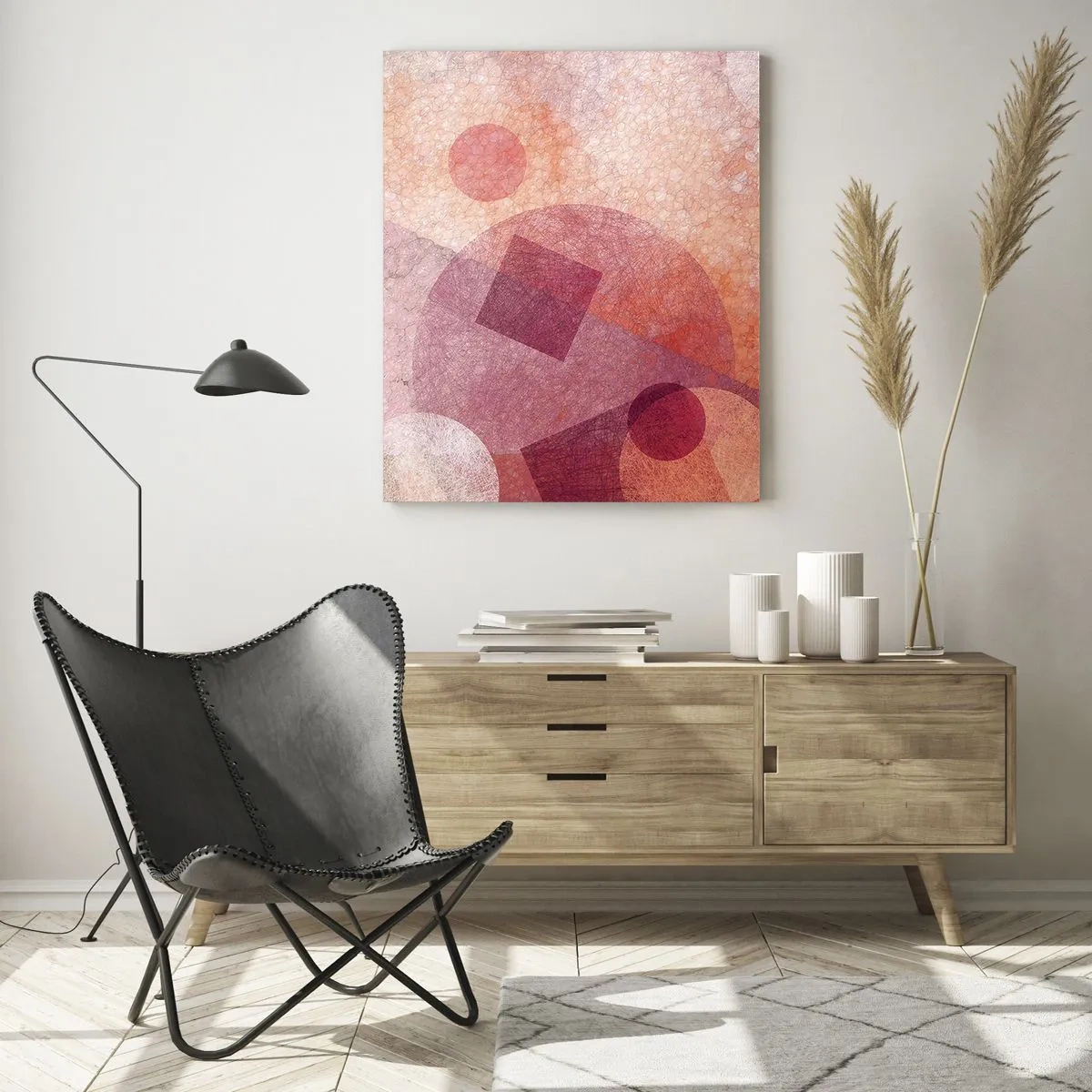 Impression sur verre - Image sur verre - Composition géométrique abstraite dans les tons de rose et d'orange - 50x70cm - Transformations géométriques en rose - Décoration murale moderne pour le salon et la chambre ARTTOR