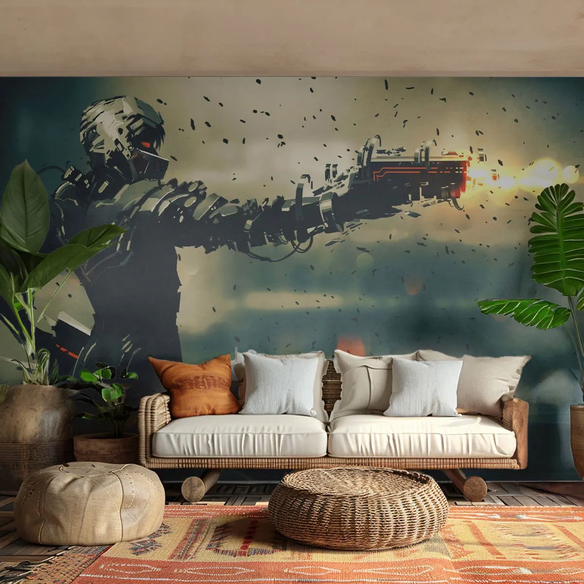 Papier Peint Photo Premium Sand - Guerrier cybernétique avec une arme dans un monde futuriste - 100x70cm - L'arme fatale - Votre propre Terminator - Décoration murale moderne pour le salon et la chambre ARTTOR