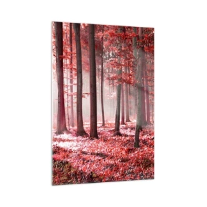 Impression sur verre - Image sur verre - Forêt d'automne aux couleurs rouges et brouillard matinal - 50x70cm - Le rouge est tout aussi beau - Décoration murale moderne pour le salon et la chambre ARTTOR