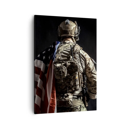 Impression sur toile - Image sur toile - Un soldat en uniforme avec un drapeau sur un fond sombre - 50x70cm - C'est exactement pour ça - Décoration murale moderne pour le salon et la chambre ARTTOR