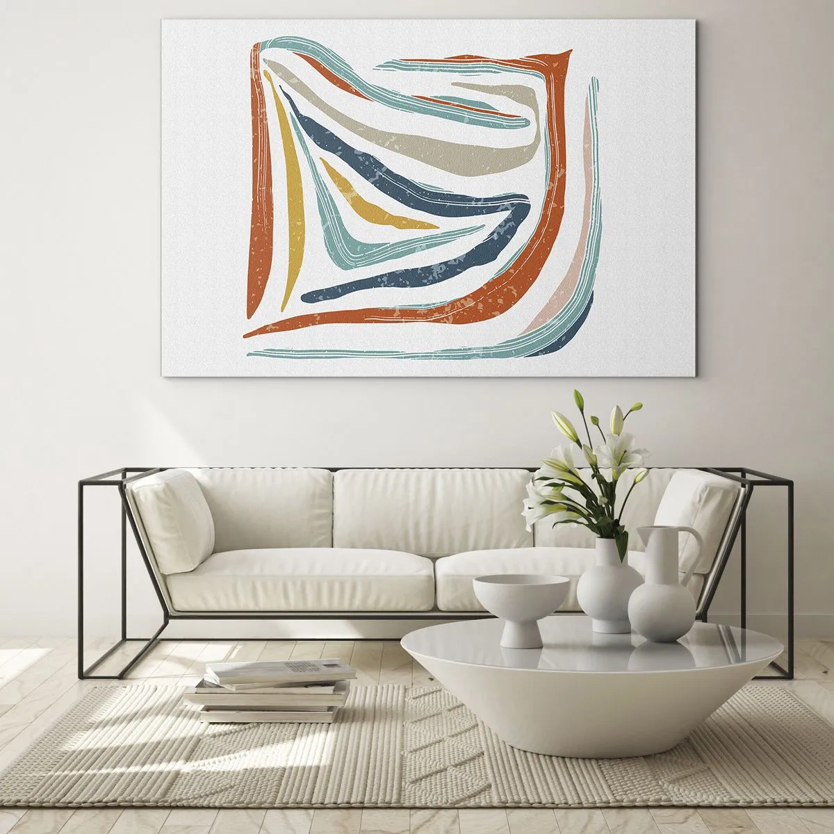 Impression sur verre - Image sur verre - Des stries colorées créent une abstraction dynamique sur un fond blanc - 120x80cm - Abstraction avec un sourire amical - Décoration murale moderne pour le salon et la chambre ARTTOR