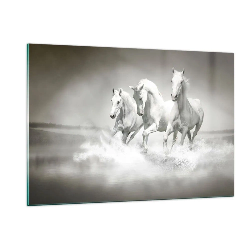 Impression sur verre - Image sur verre - Trois chevaux blancs galopant dans l'eau - 120x80cm - La folie blanche - Décoration murale moderne pour le salon et la chambre ARTTOR