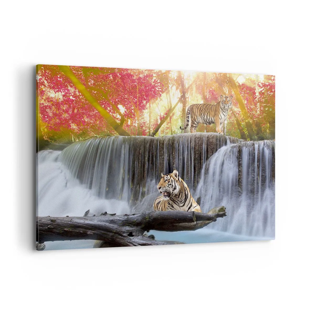 Impression sur toile - Image sur toile - Tigres près d'une cascade dans la forêt d'automne - 100x70cm - Paysage surréaliste - Décoration murale moderne pour le salon et la chambre ARTTOR