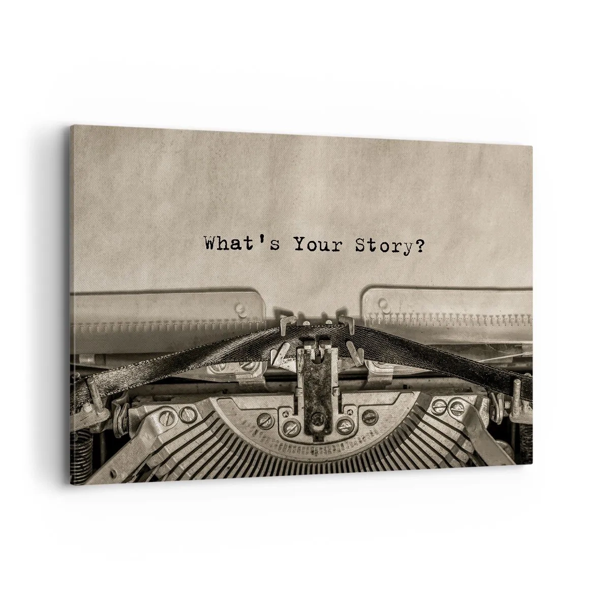 Impression sur toile - Image sur toile - Une machine à écrire avec les mots « Quelle est votre histoire ? » - 100x70cm - Réponds-moi - Décoration murale moderne pour le salon et la chambre ARTTOR