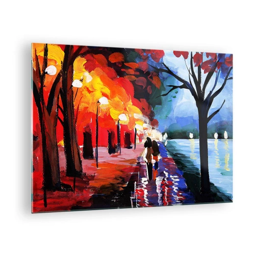 Impression sur verre - Image sur verre - Un couple se promenant dans un parc coloré le soir - 70x50cm - Automne flamboyant dans le parc - Décoration murale moderne pour le salon et la chambre ARTTOR