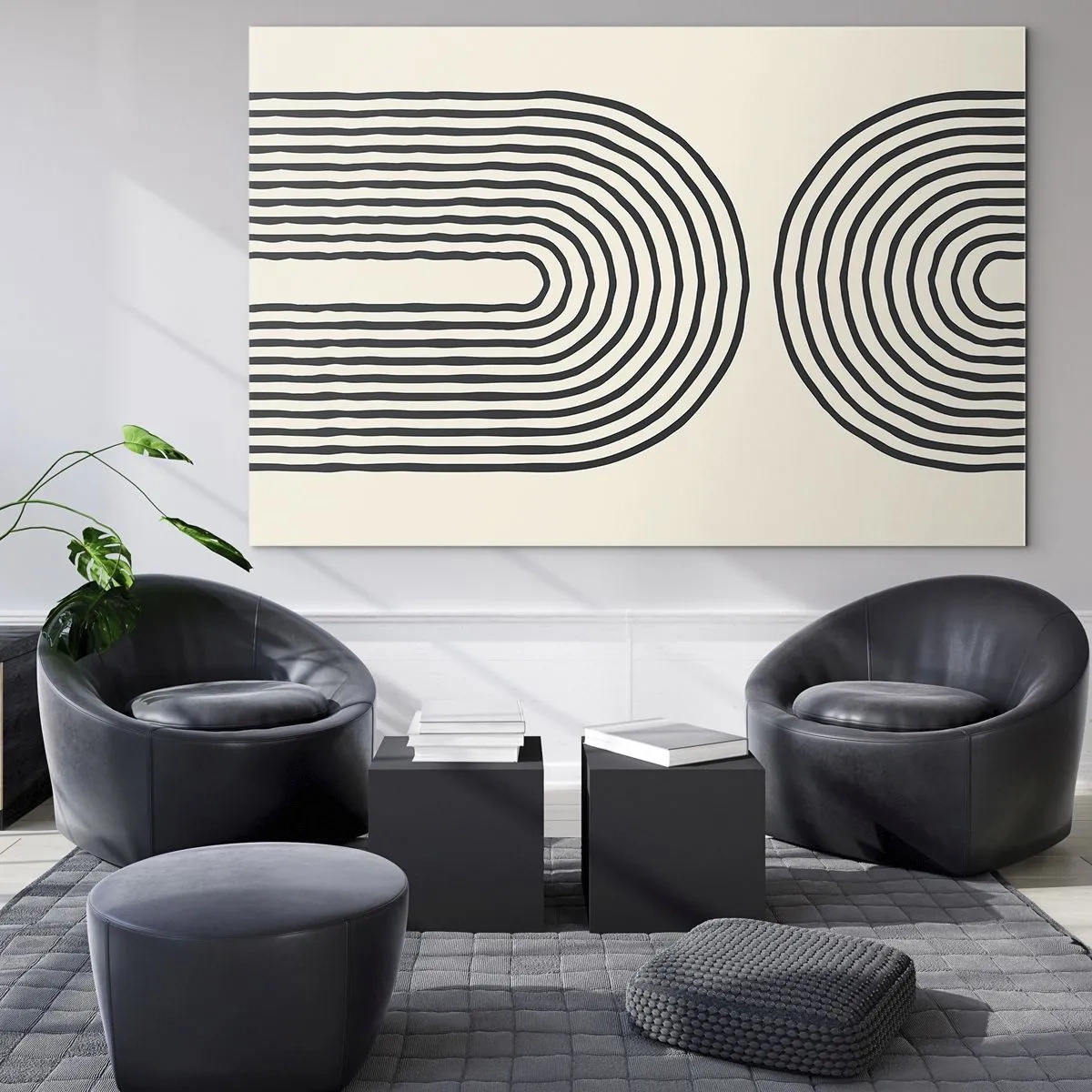 Impression sur verre - Image sur verre - Une peinture abstraite en noir et blanc représentant des lignes en forme d'arc. - 70x50cm - Dans un instant... - Décoration murale moderne pour le salon et la chambre ARTTOR