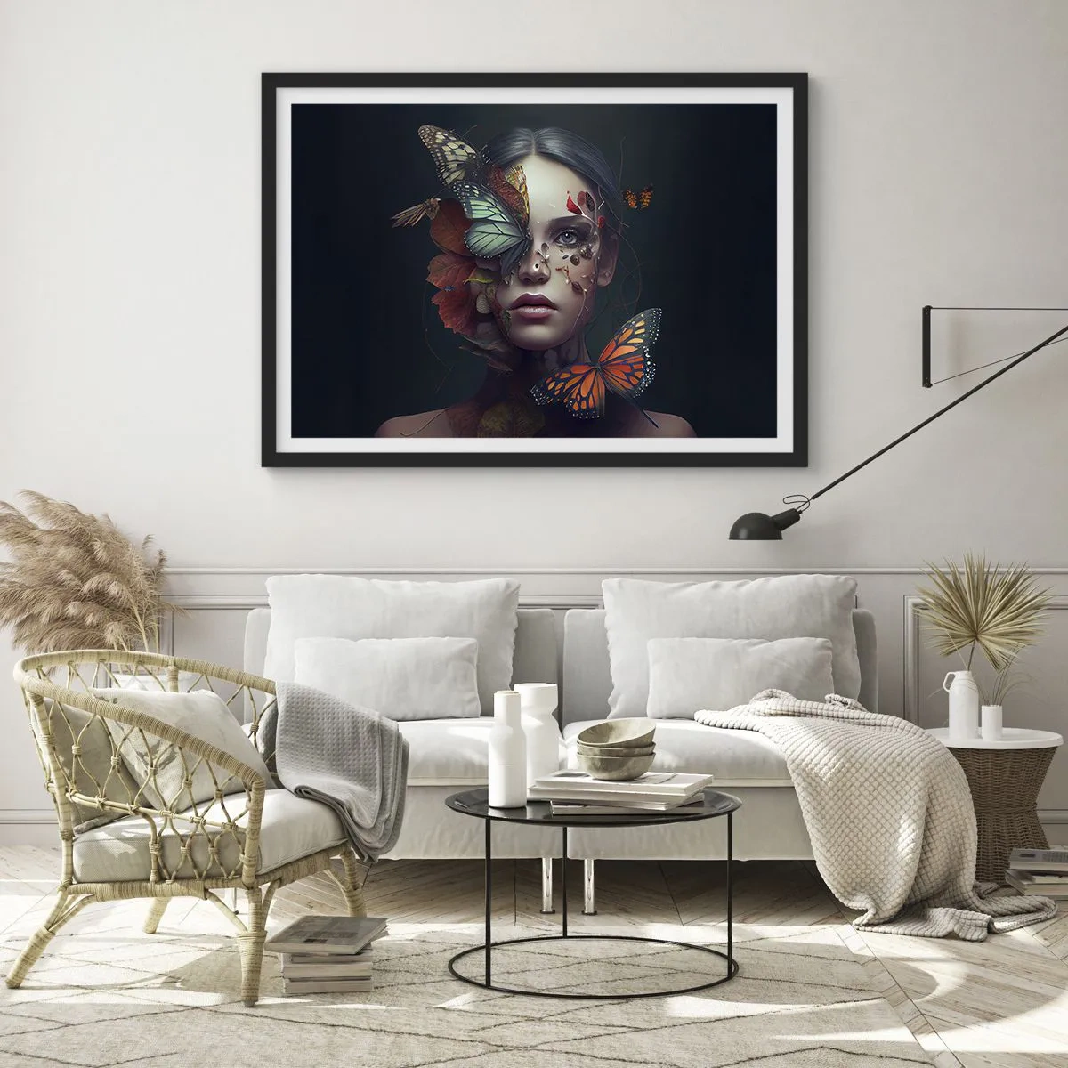 Affiche dans un cadre noir - Poster - Portrait d'une femme avec des papillons et des éléments végétaux - 70x50cm - Une merveilleuse métamorphose - Décoration murale moderne pour le salon et la chambre ARTTOR