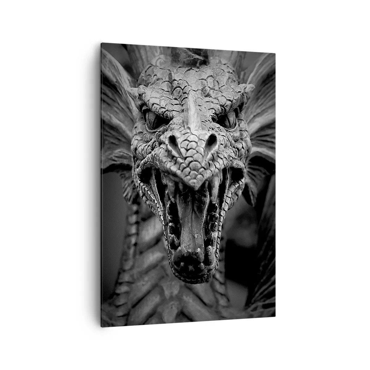 Impression sur toile - Image sur toile - Une tête de dragon menaçante en noir et blanc avec des détails expressifs. - 70x100cm - Un dragon imaginaire grisâtre - Décoration murale moderne pour le salon et la chambre ARTTOR