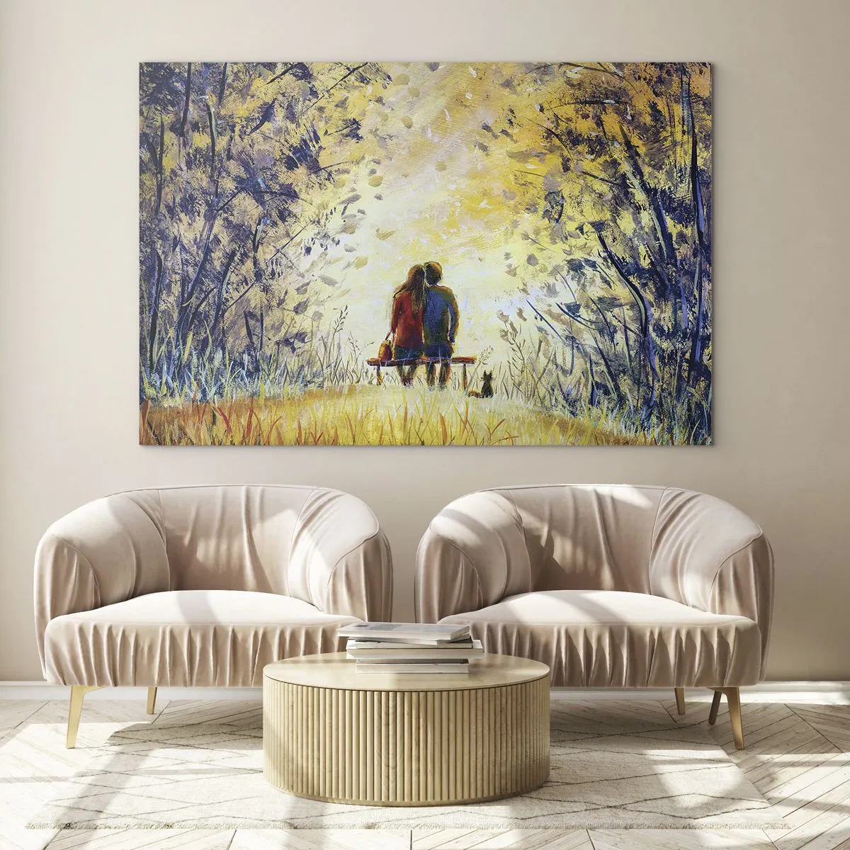 Impression sur verre - Image sur verre - Un couple sur un banc dans un moment magique - 100x70cm - Moment magique - Décoration murale moderne pour le salon et la chambre ARTTOR