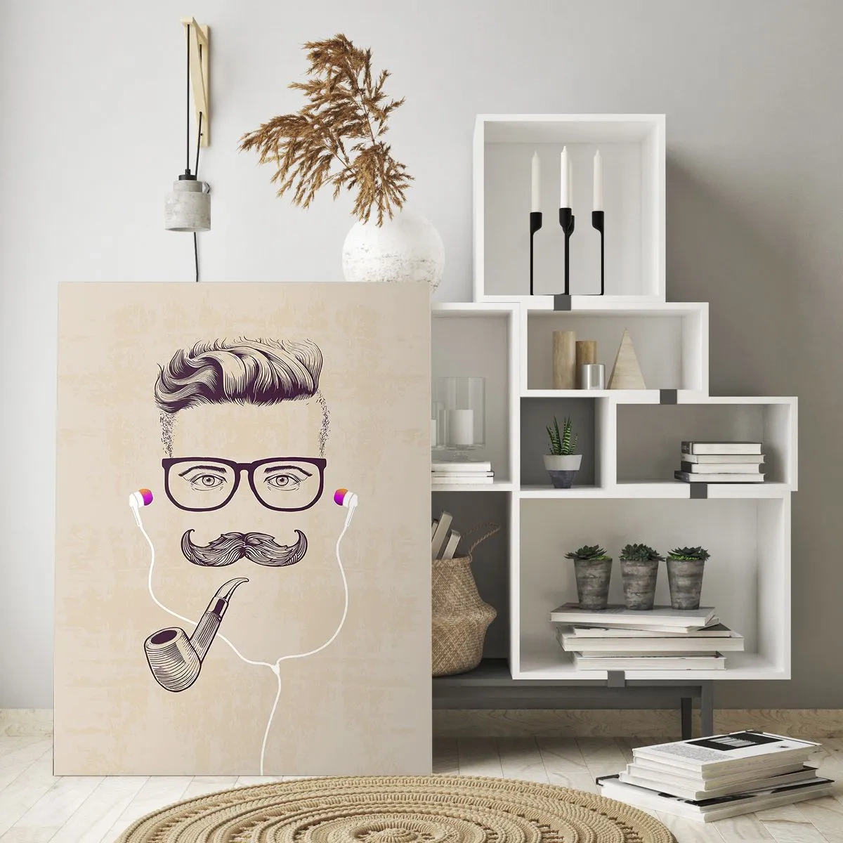 Impression sur verre - Image sur verre - Un dessin d'un homme stylisé avec des lunettes, une moustache et une pipe. - 50x70cm - Un vrai homme? - Décoration murale moderne pour le salon et la chambre ARTTOR