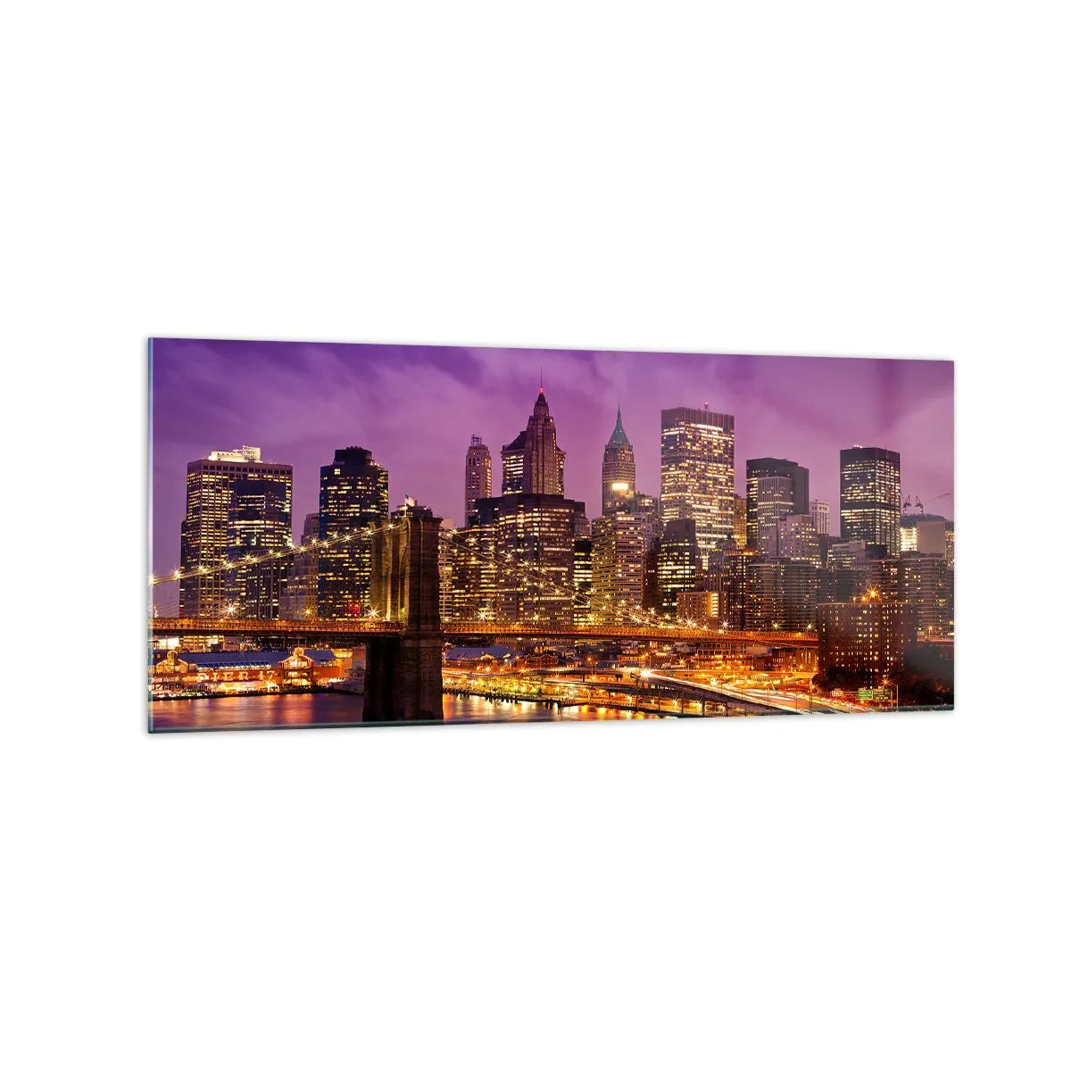 Impression sur verre - Image sur verre - Panorama de la ville avec le pont dans la lumière du soir contre le ciel violet - 120x50cm - Manhathann or violet - Décoration murale moderne pour le salon et la chambre ARTTOR