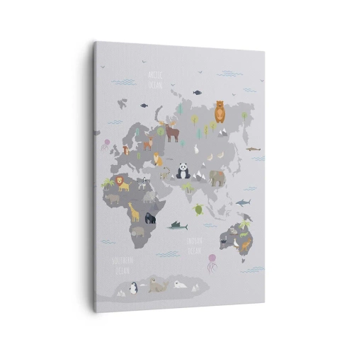 Impression sur toile - Image sur toile - Une carte du monde avec des illustrations d'animaux sur fond gris - 50x70cm - Dis-moi d'où tu viens... - Décoration murale moderne pour le salon et la chambre ARTTOR