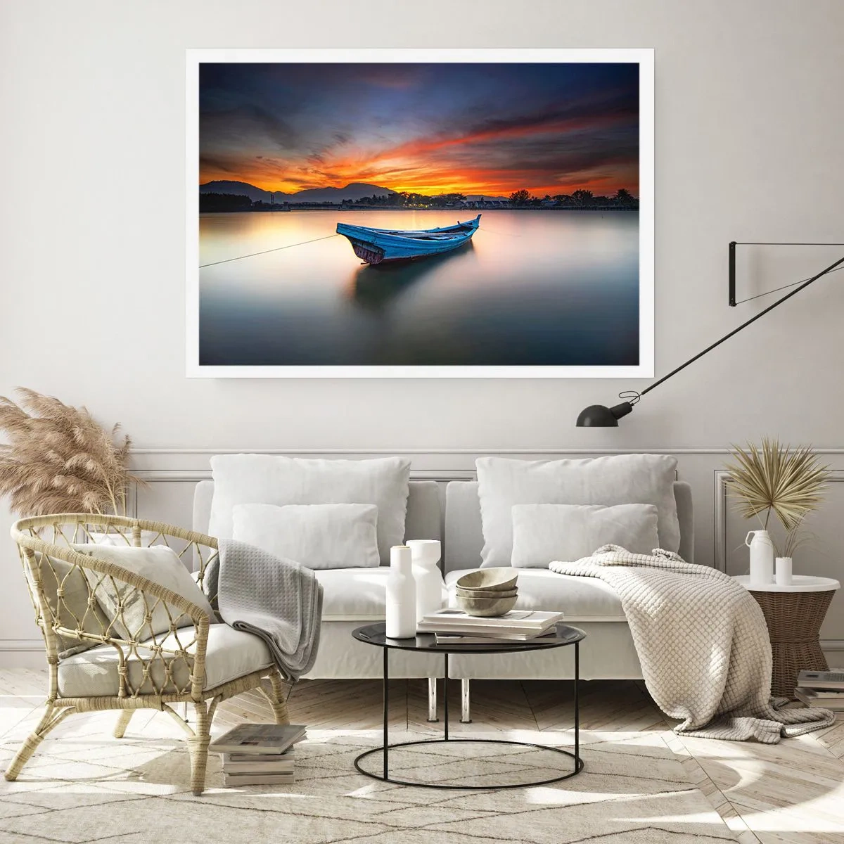 Affiche - Poster - Un bateau sur l'eau pendant un coucher de soleil pittoresque - 100x70cm - Une bonne nuit arrive - Décoration murale moderne pour le salon et la chambre ARTTOR