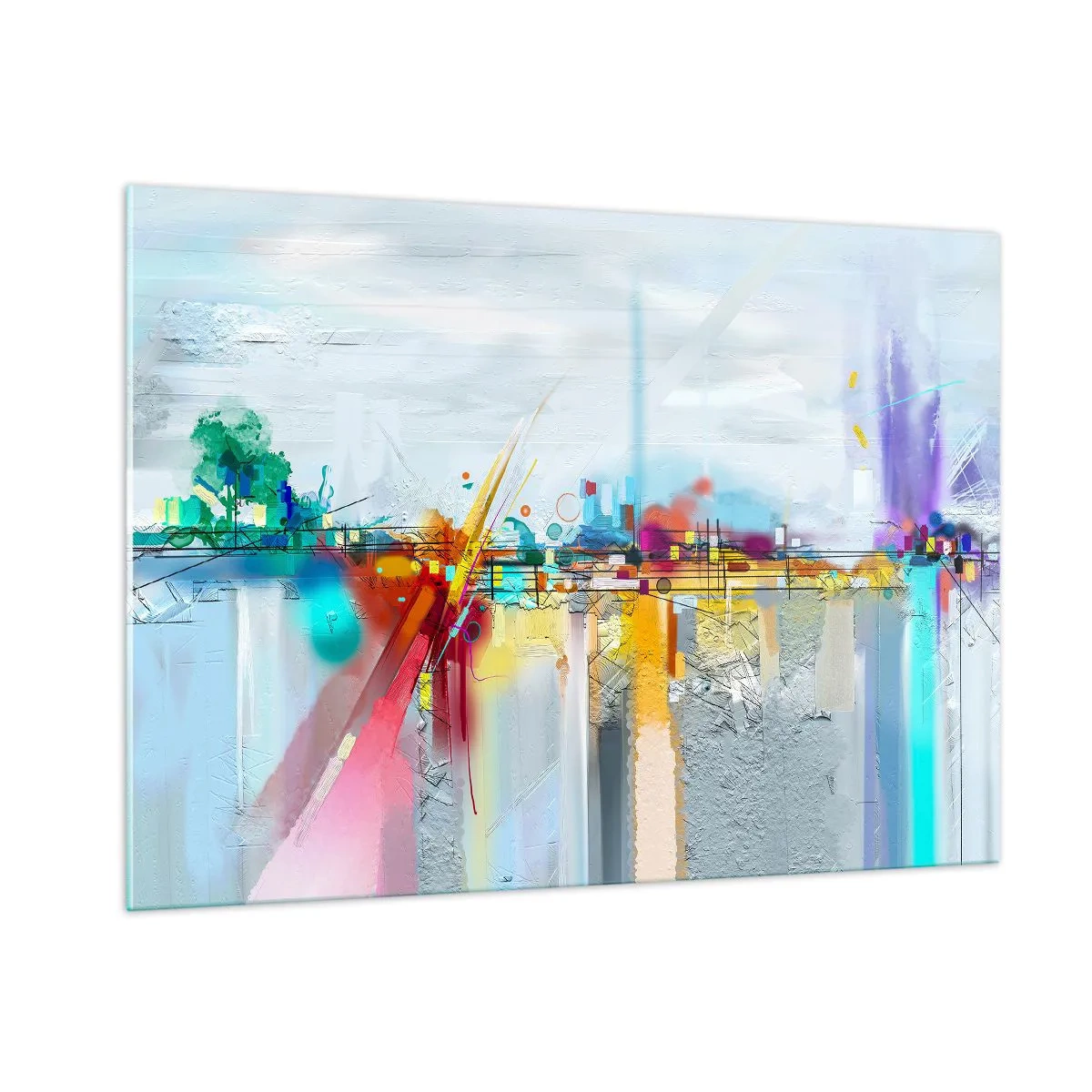 Impression sur verre - Image sur verre - Pont abstrait aux couleurs vives sur une rivière avec un fond pastel - 100x70cm - Pont de joie sur le fleuve de la vie - Décoration murale moderne pour le salon et la chambre ARTTOR