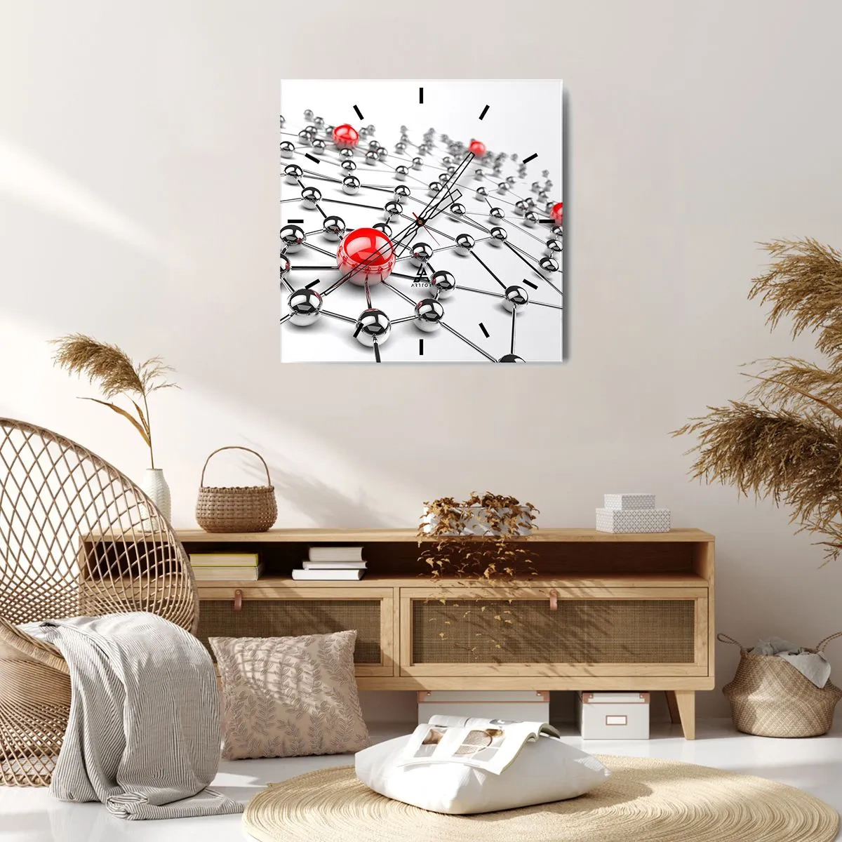 Horloge murale - Pendule murale - Un réseau de boules métalliques aux accents rouges - 30x30cm - Toile argentée - Décoration murale moderne pour le salon et la chambre ARTTOR
