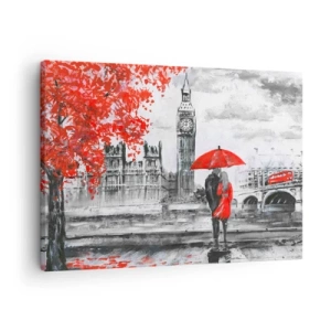 Impression sur toile - Image sur toile - Scène romantique avec Big Ben et un parapluie rouge - 70x50cm - Amoureux de Londres - Décoration murale moderne pour le salon et la chambre ARTTOR