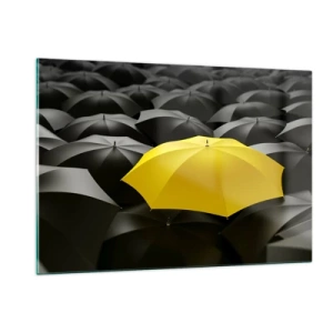 Impression sur verre - Image sur verre - Un parapluie jaune se détachant parmi les noirs - 120x80cm - Adieu chagrin - Décoration murale moderne pour le salon et la chambre ARTTOR