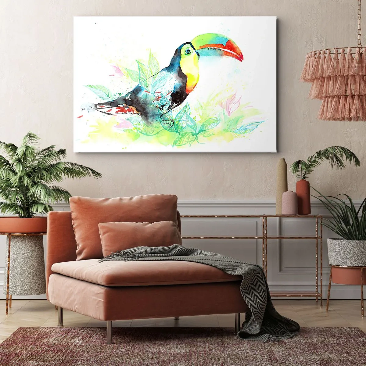 Impression sur toile - Image sur toile - Illustration à l'aquarelle d'un toucan sur fond tropical - 70x50cm - Aussi coloré que l'Amérique du Sud - Décoration murale moderne pour le salon et la chambre ARTTOR