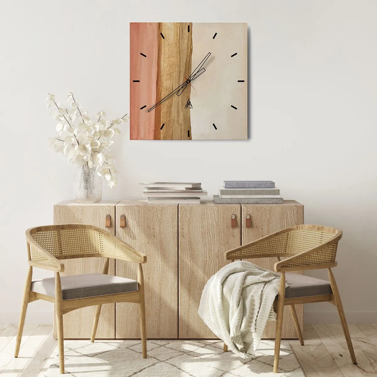 Horloge murale - Pendule murale - Rayures abstraites dans les tons beige, or et rose sur toile - 30x30cm - Composition verticale - Décoration murale moderne pour le salon et la chambre ARTTOR