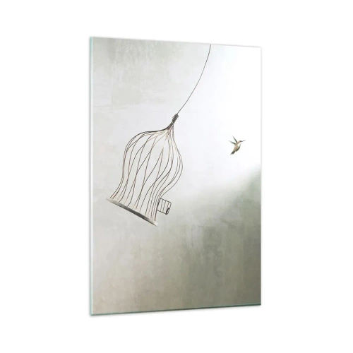 Impression sur verre - Image sur verre - Un oiseau libéré d'une cage sur fond de ciel lumineux - 80x120cm - Dans son élément - Décoration murale moderne pour le salon et la chambre ARTTOR