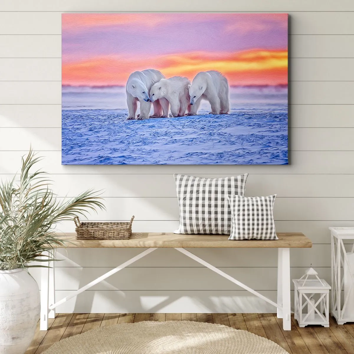 Impression sur toile - Image sur toile - Trois ours polaires sur fond de coucher de soleil arctique - 120x80cm - La chaleur familiale suffit - Décoration murale moderne pour le salon et la chambre ARTTOR