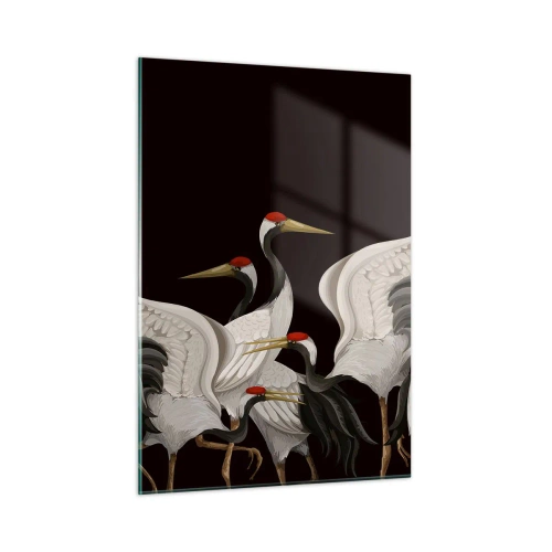 Impression sur verre - Image sur verre - Grues blanches à têtes rouges sur fond noir - 50x70cm - Histoire d'oiseaux - Décoration murale moderne pour le salon et la chambre ARTTOR
