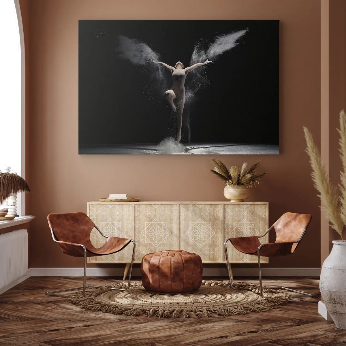 Impression sur toile - Image sur toile - Une danseuse en mouvement avec un effet de poussière saisissant sur fond noir - 100x70cm - Les elfes existent - Décoration murale moderne pour le salon et la chambre ARTTOR