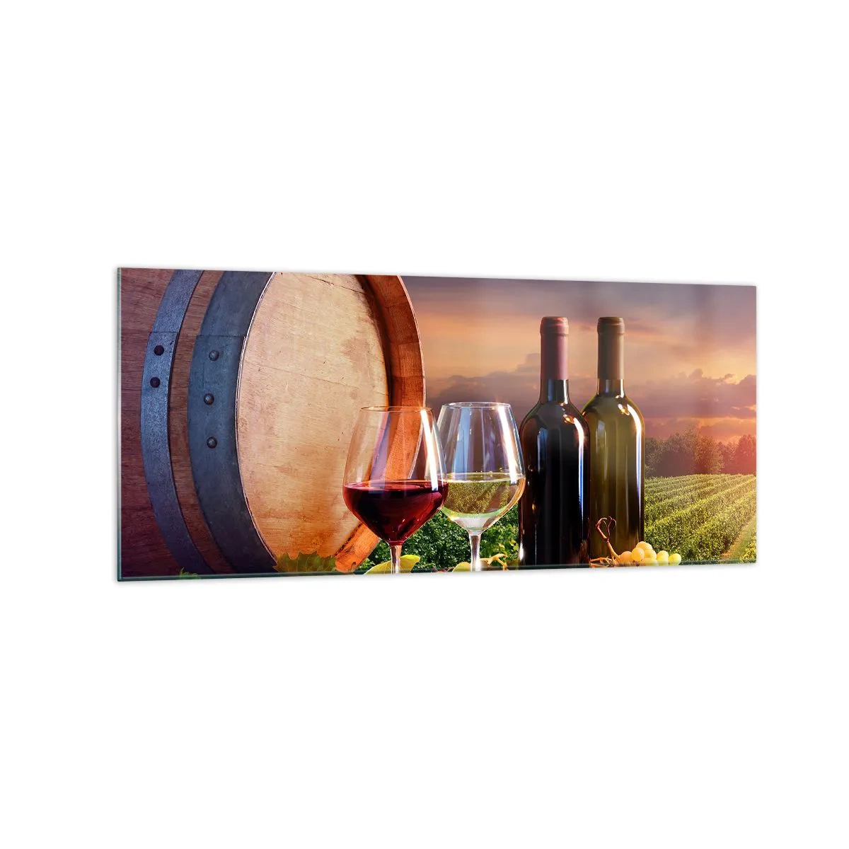 Impression sur verre - Image sur verre - Du vin, des verres et un tonneau dans un paysage pittoresque - 120x50cm - Ici la vie a du goût - Décoration murale moderne pour le salon et la chambre ARTTOR