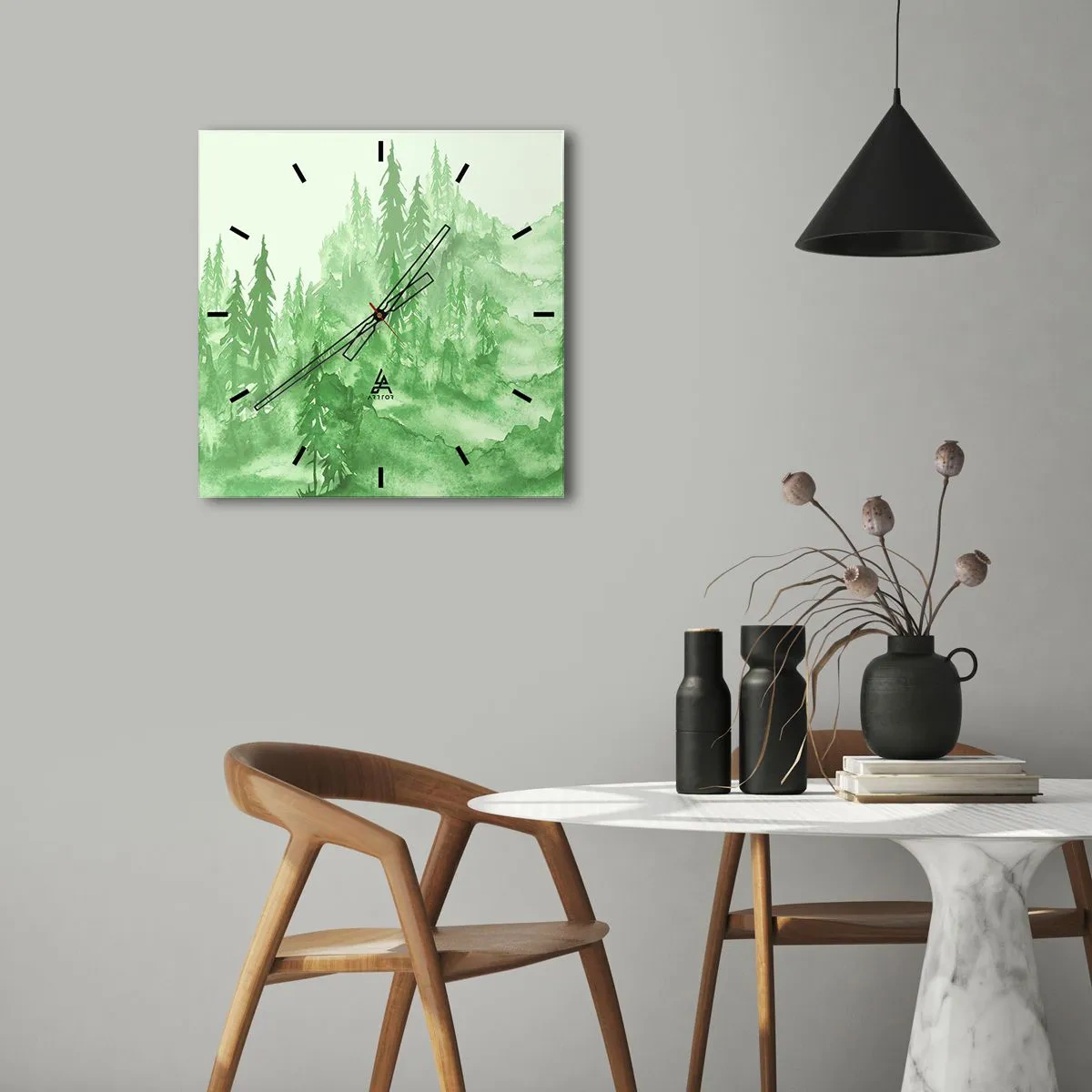 Horloge murale - Pendule murale - Forêt verte dans un style aquarelle sur un fond clair - 30x30cm - Flou de brouillard vert - Décoration murale moderne pour le salon et la chambre ARTTOR