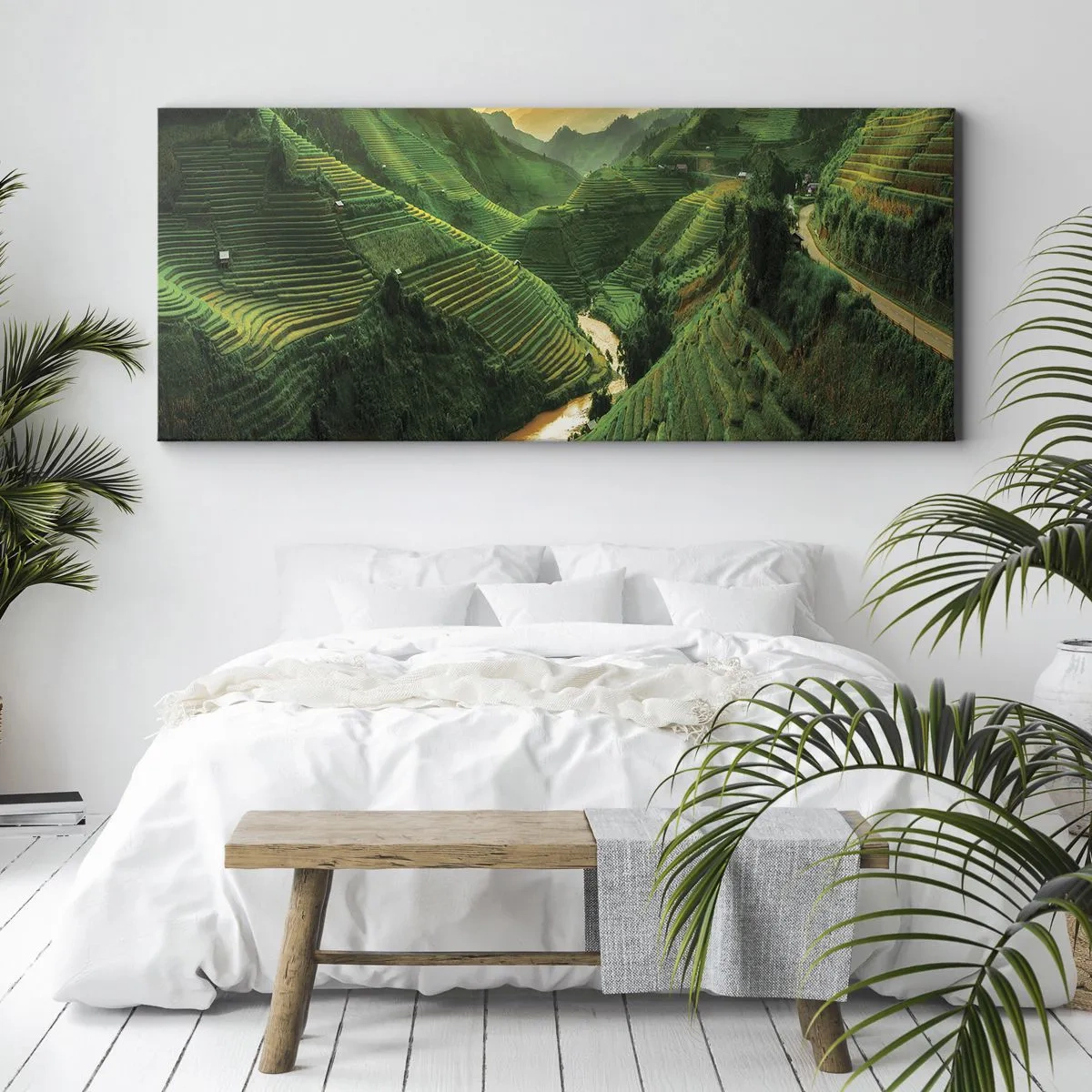 Impression sur toile - Image sur toile - Rizières en terrasses pittoresques dans une vallée verdoyante illuminée par le soleil couchant - 120x50cm - Vallée vietnamienne - Décoration murale moderne pour le salon et la chambre ARTTOR