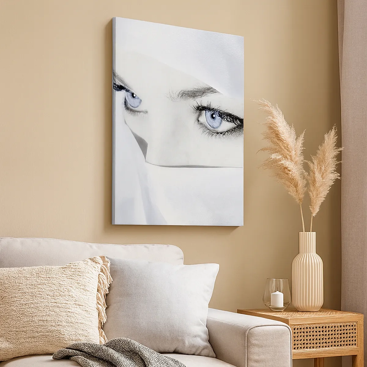 Impression sur toile - Image sur toile - Portrait d'une femme aux yeux bleus cachés derrière un voile blanc - 50x70cm - Directement des mille et une nuits - Décoration murale moderne pour le salon et la chambre ARTTOR