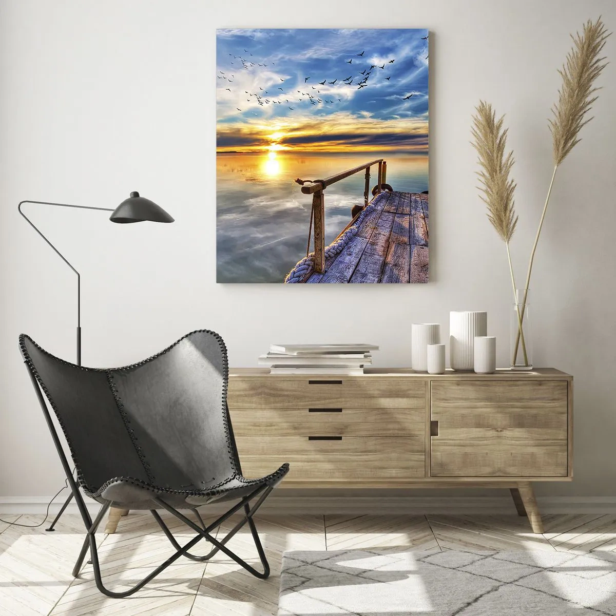 Impression sur verre - Image sur verre - Jetée en bois sur le lac au coucher du soleil - 80x120cm - Le vent se repose - Décoration murale moderne pour le salon et la chambre ARTTOR