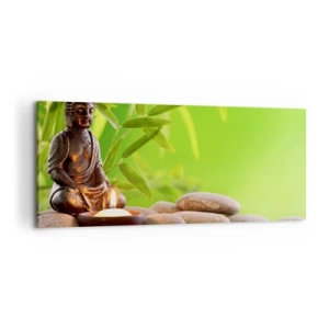 Impression sur toile - Image sur toile - Figure de Bouddha avec des pierres et une bougie sur un fond de bambou - 120x50cm - La vie est belle - Décoration murale moderne pour le salon et la chambre ARTTOR