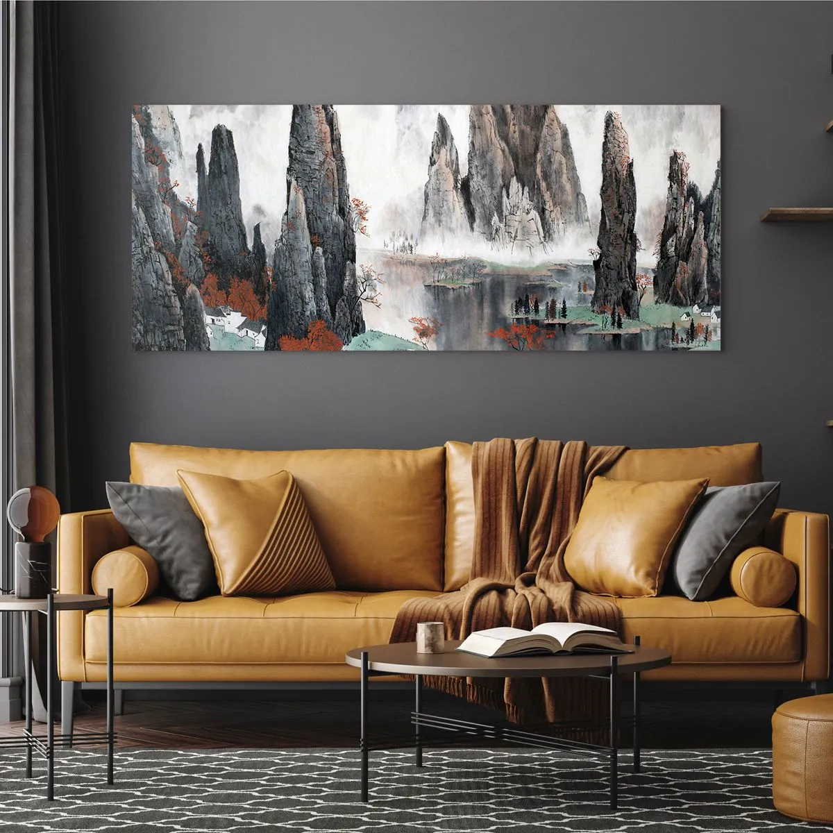 Impression sur verre - Image sur verre - Rochers et arbres pittoresques dans le paysage brumeux de la Chine - 140x50cm - De puissants gardiens - Décoration murale moderne pour le salon et la chambre ARTTOR