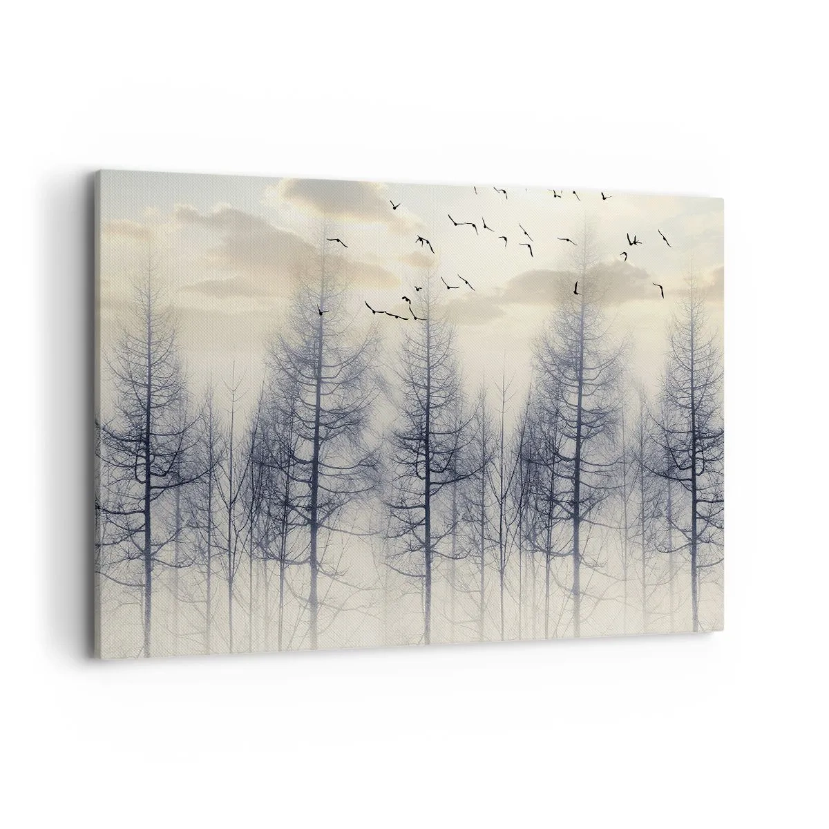 Impression sur toile - Image sur toile - Forêt brumeuse avec des oiseaux contre le ciel du coucher du soleil - 120x80cm - L'âme de la forêt - Décoration murale moderne pour le salon et la chambre ARTTOR