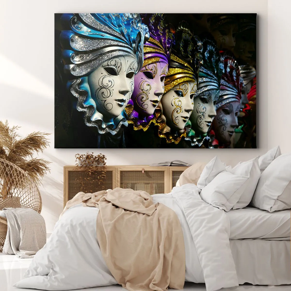 Impression sur toile - Image sur toile - Masques vénitiens de différentes couleurs avec des motifs décoratifs - 70x50cm - Mystère en or et argent - Décoration murale moderne pour le salon et la chambre ARTTOR