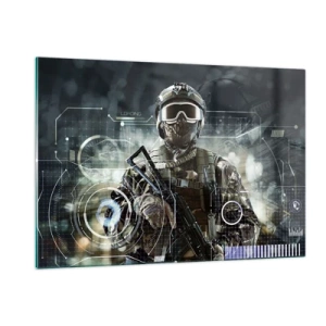 Impression sur verre - Image sur verre - Un soldat en équipement tactique sur fond d'interface futuriste. - 120x80cm - Puissance sans limite - Décoration murale moderne pour le salon et la chambre ARTTOR