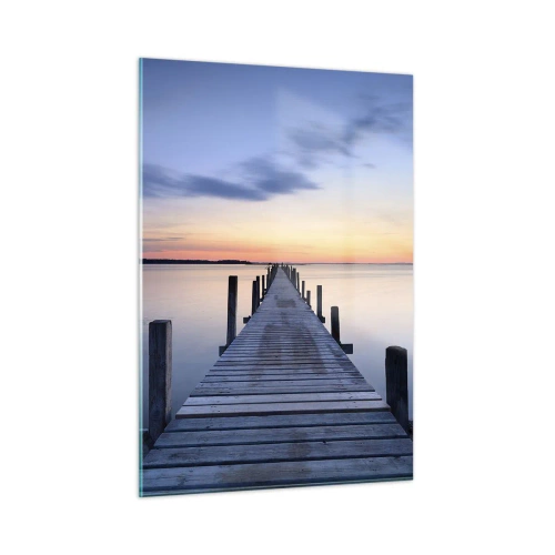 Impression sur verre - Image sur verre - Une jetée en bois sur un lac calme au coucher du soleil - 50x70cm - Le calme d'un crépuscule serein - Décoration murale moderne pour le salon et la chambre ARTTOR