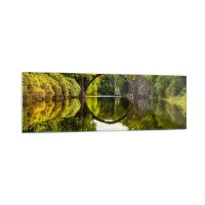 Impression sur verre - Image sur verre - Un pont de pierre sur une rivière avec un reflet parfait dans l'eau - 160x50cm - À la jonction de deux mondes - Décoration murale moderne pour le salon et la chambre ARTTOR