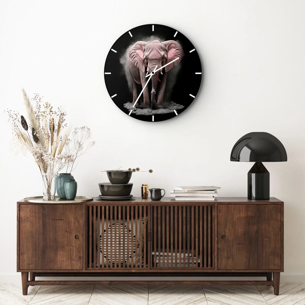 Horloge murale - Pendule murale - Un éléphant rose sur fond noir entouré de brouillard - 30x30cm - Ne pensez pas à un éléphant rose ! - Décoration murale moderne pour le salon, la cuisine et la chambre ARTTOR