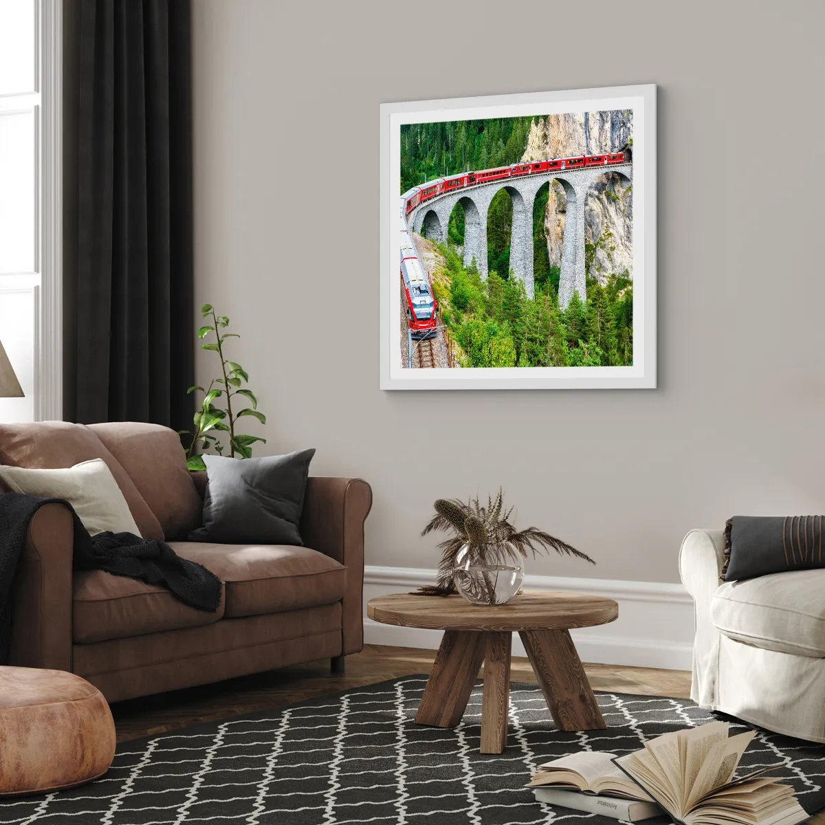 Affiche dans un cadre blanc - Poster - Chemin de fer avec vue sur la montagne - 40x40 cm